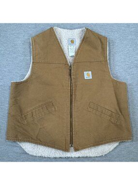 Vintage Carhartt Sherpa Lined Duck Canvas Vest Brown Size XL USA Made Union Zip